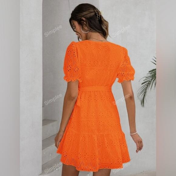 Simplee Orange eyelet mini wrap dress size large - Picture 3 of 7